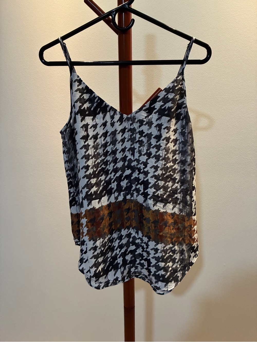 Brochu Walker Black, White & Brown Houndstooth Spaghetti Strap Camisole